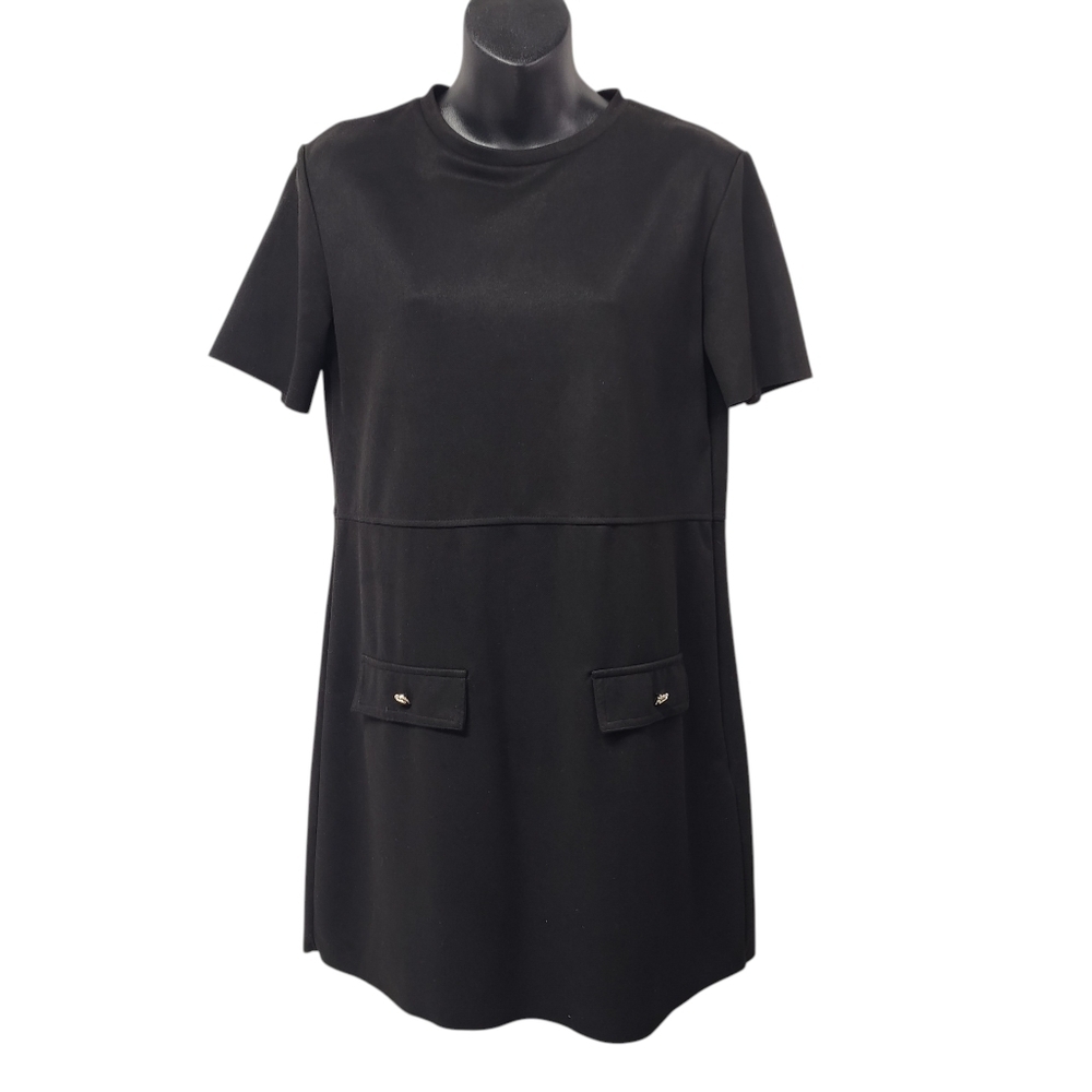 Zara Women’s Black Faux Suede Shift Mini Dress Gold Button Detail Size Small - Picture 2 of 8